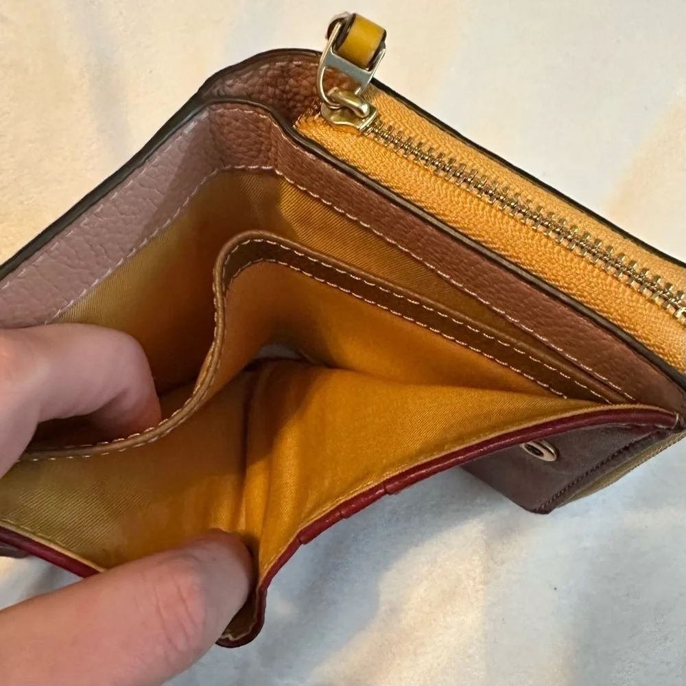 Tory Burch Perry Color Block Bifold Pebbled Leather Wallet pink yellow brown red